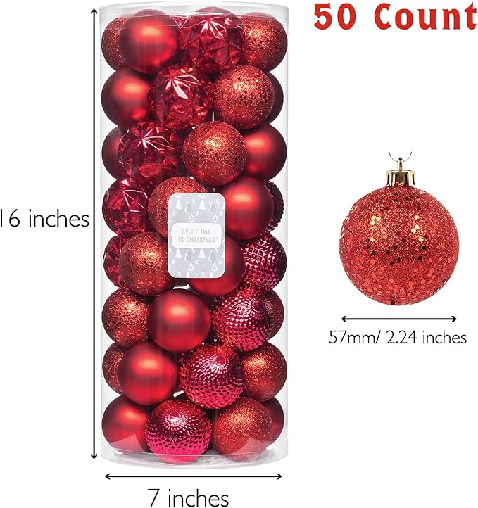 Every Day is Christmas Ornaments, Shatterproof Christmas Tree Ornament Set, Christmas Balls Decoration 50 Count (2.24"/57mm, New Red)