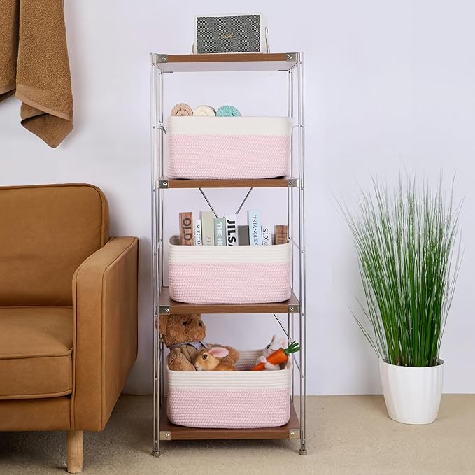 Large Storage Baskets for Organizing, Closet Shelf Baskets for Clothes Blanket Towels, Baby Nursery, Toy Bins Box, Woven Rope Baskets, 17 x 13 x 7.5”, 4 Packs Woven Pink