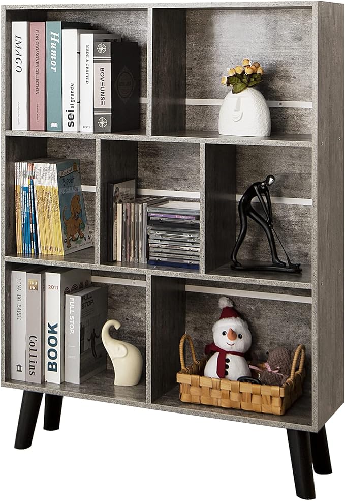 LEYAOYAO Bookshelf Cube Storage Organizer,3 Tier Bookcase with Legs,Modern Wood Open Shelf,Dirty Grey Bookshelves,Free Standing Display Short Book Shelves for Narrow Space,Bedroom,Living Room,Office