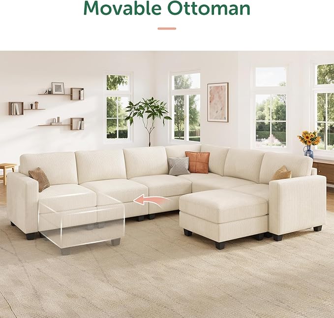 HONBAY Corduroy Sectional Sofa with Storage, U Shape Modular Sectional Sofa with Chaise, Modular Couches for Living Room, Beige