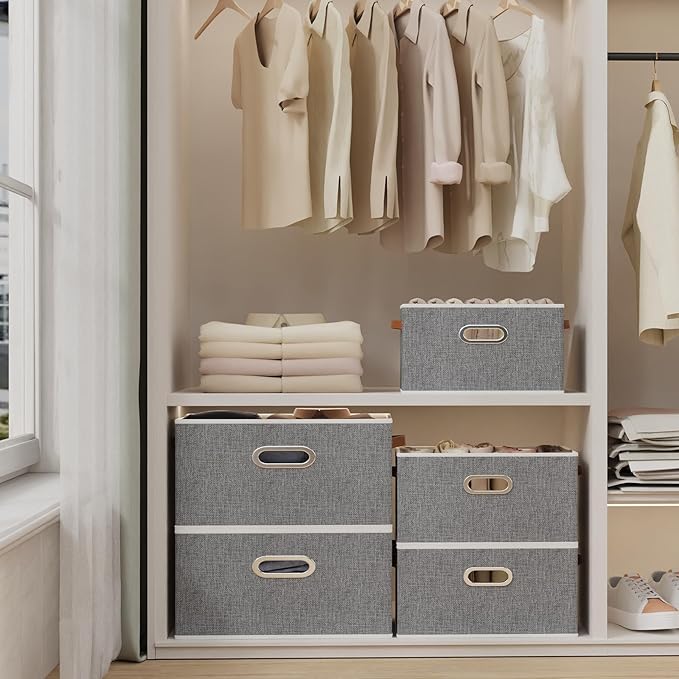 Yawinhe Fabric Storage Baskets, Foldable Closet Organizer for Shelves, Large Boxes with 3 Handles, Canvas Bins for Clothes, Grey, 12.99''Lx9.05''Wx7.87''H, 6-Pack
