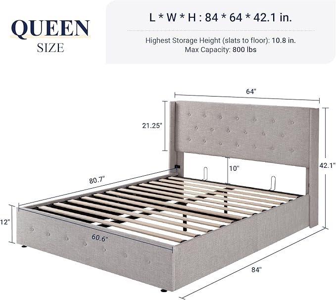 Allewie Queen Size Lift Up Storage Bed, Button Tufted Headboard with Wingback, Hydraulic Support, No Box Spring Needed, Light Beige