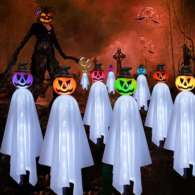 Upgraded Pumpkin Ghosts Halloween Decorations Outdoor, 4 Pack Waterproof Solar Ghosts Garden Stake Lights for Front Yard Patio Lawn Pathway Halloween Party Decorations
