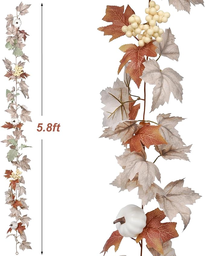 Fall Maple Leaf Garland, Hanging Vine Artificial Autumn Foliage Decoration for Thanksgiving, Home, Wedding, Fireplace, Party, Christmas (White)