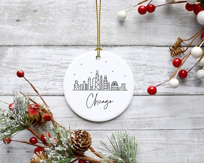 Andaz Press Round Ceramic Porcelain Christmas Tree Ornament Keepsake, Chicago Black and White Stars City Skyline Graphic, 1-Pack, Birthday Gift Idea for Family, Coworker, Him, Her, Includes Gift Box