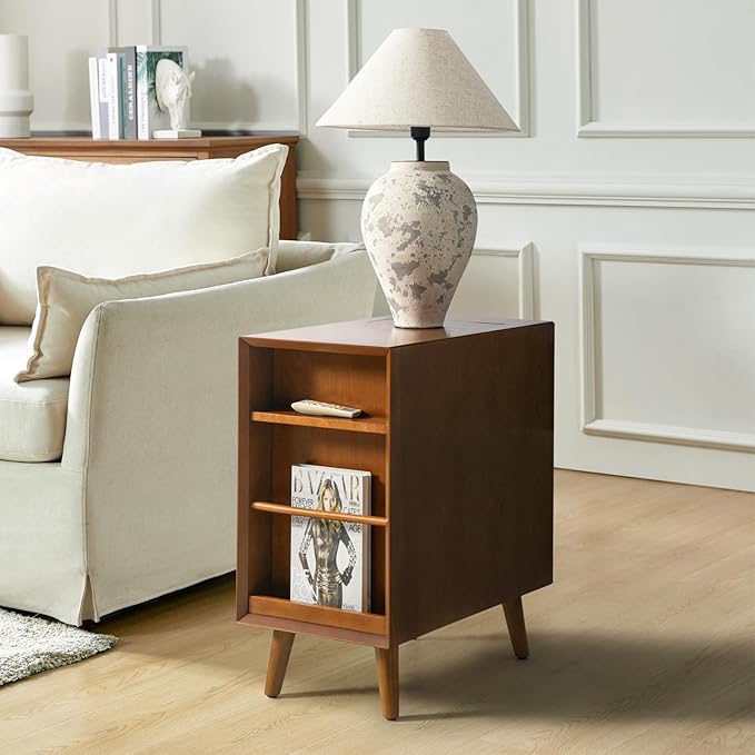 HULALA HOME End Table with Drawer and Charging Station, Modern End Table with USB Ports and Outlets, Wooden Side Table with Storage-Acorn