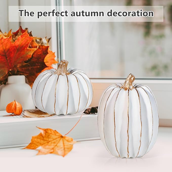 2Pcs Halloween Pumpkin Artificial Resin Pumpkins Decor for Mantel Harvest Autumn Tabletop Decoration Gold Fall Pumpkin Decorations Thanksgiving Table Centerpieces (Set C, ONE Size)