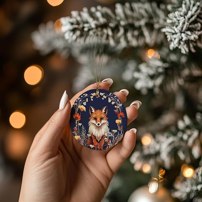 Fox Ornaments, Fox Decorations, Fox Gifts for Women, Botanical Fox Ceramic Ornaments, Fox Decorative Hanging Ornament