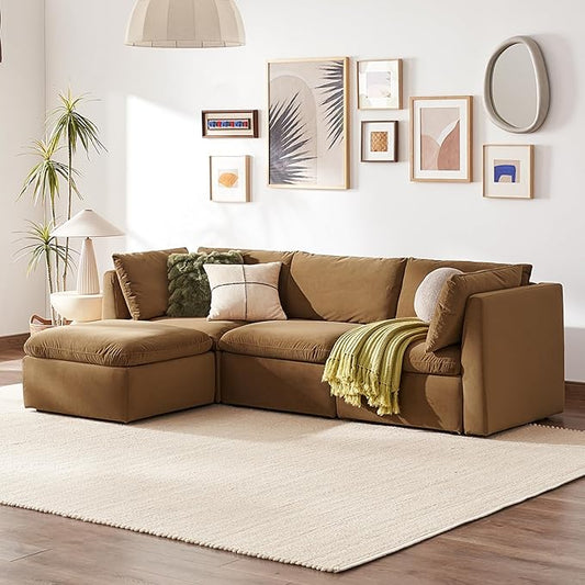 mopio Oversized Modular Sectional Sofa with Fully Removable Covers and Storage, Convertible U, L-Shaped and Sleeper Sectional, Modern Couches with Ottoman Chaise (Hazelnut Velvet, 4 Seats, L)