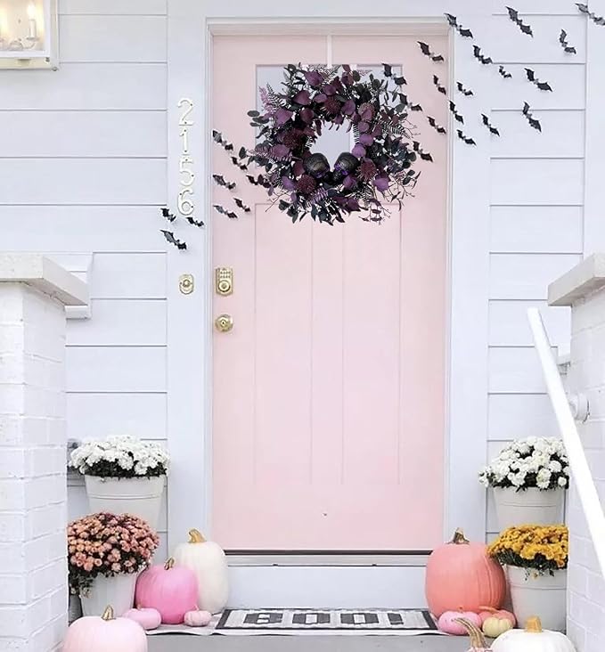 20" Halloween Wreaths for Front Door, Black Glitter Skulls Purple Eucalyptus Leaves Halloween Horror Decor, Gothic Party Room Decoration