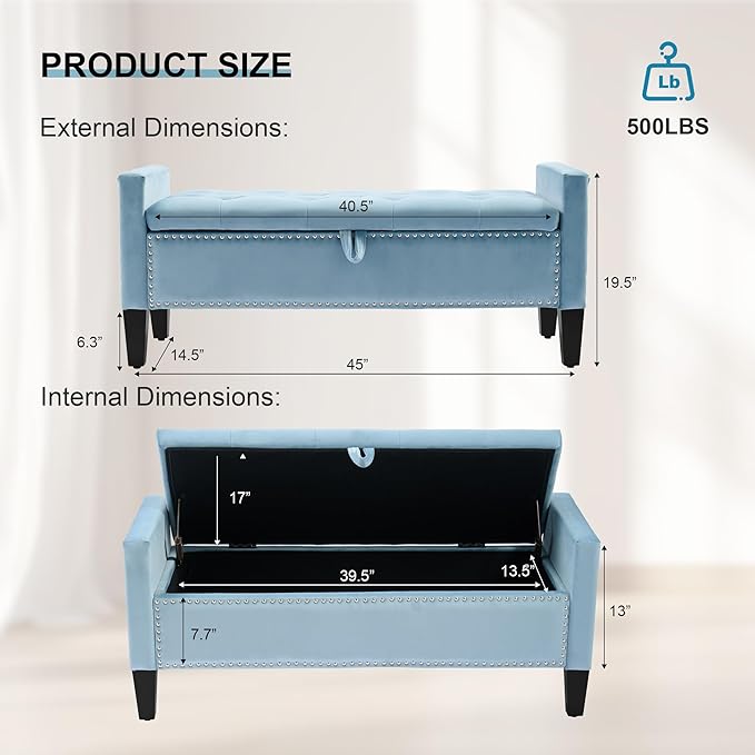 Storage Ottoman Bench, Velvet Upholstered Footstool for Bedroom and Living Room, Tufted Seat with Storage, Wooden Legs & Metal Rivets, Light Blue
