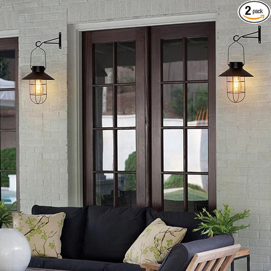 pearlstar Solar Lantern Outdoor 2 Packs Hanging Light Metal Solar Lamp with Warm White Edison Bulb Design for Garden Yard Patio Proch Decor(Black)