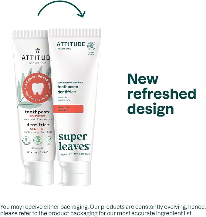 ATTITUDE Fluoride-Free Sensitive Toothpaste, Spearmint Flavor, Vegan & Cruelty-Free, Sugar-Free, Plant & Mineral-Based Ingredients, Clean Oral Care, 4.2 Oz
