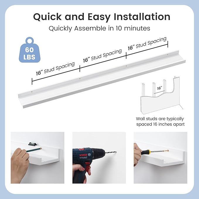 Picture Ledge Shelf, Floating Shelves Set of 2, Solid Pine Wood 55'' Long Large Nursery Book Shelves for Toys Storage, Kids Bookshelf for Living Room Bedroom Decor Books Photo Frames, White