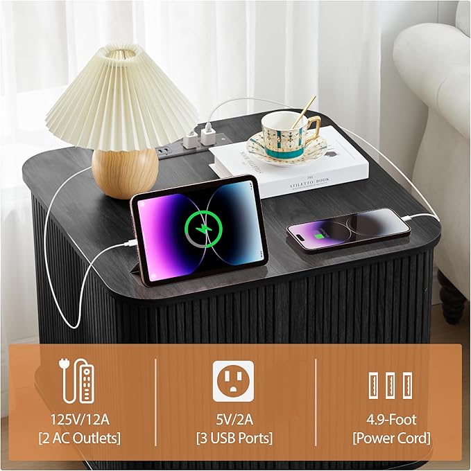 AVZEAR 24" Large Square End Table with Charging Station, Farmhouse Fluted Sofa Side Table with Sliding Tambour Door & Storage, Curved Rustic Wood Nightstand for Living Room, Bedroom, Black