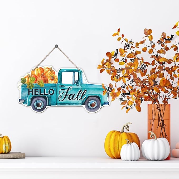 Fall Door Hanger - Pumpkin Welcome Sign, Hello Fall Wood Hanging Decors, Rustic Thanksgiving Decorative for Porch, Indoor Outdoor Autumn Door Decor(Truck), Housewarming Gift, Home Indoor Outdoor Deco