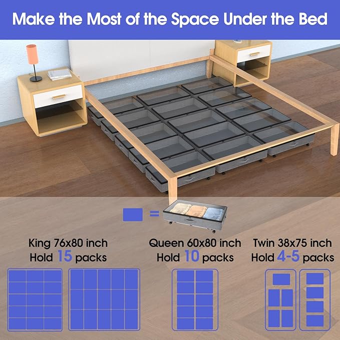 IUI Under Bed Storage with Wheels, 50L Capacity Under Bed Storage Containers, Under Bed Clothes Storage Containers with Clear Lid, Under Bed Storage Bins for Clothes,Shoes,Books,Toys,Gray,2 Pack