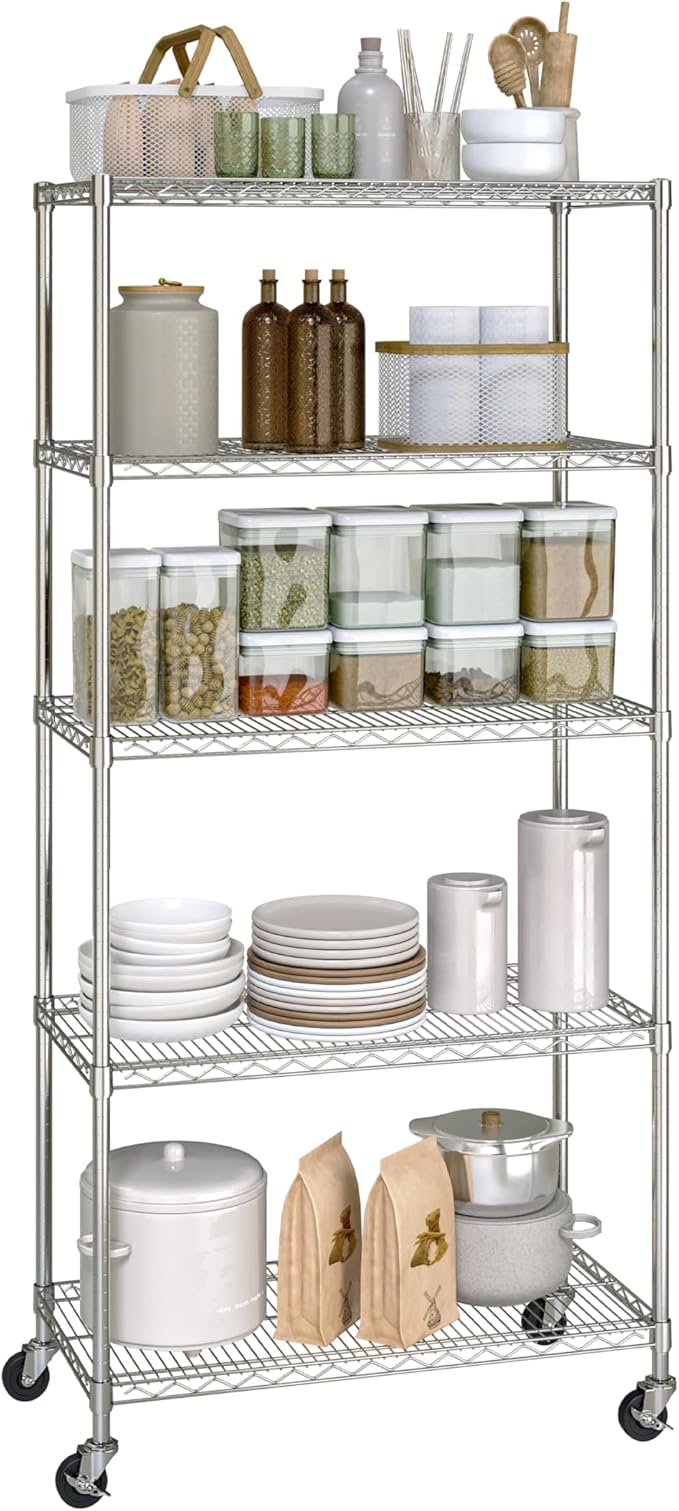 Seville Classics UltraDurable Heavy Duty NSF Solid Steel Wire Rack Storage Unit, Organizer for Garage, Warehouse, Office, Restaurant, Classroom, Kitchen, Silver, 5-Tier Shelving, 36" W x 14" D