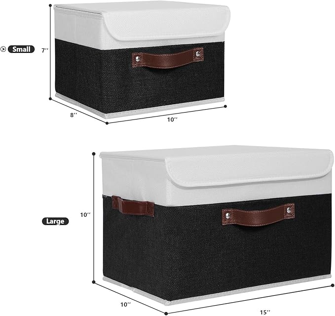 ANMINY 2PCS Storage Boxes with Lid Washable Decorative Storage Bins Basket with PU Leather Handle Foldable Linen Fabric Storage Cubes Containers for Home Closet Organizer - Black White, Small Size