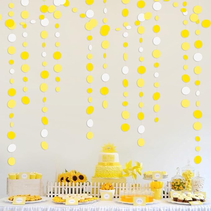 46 Ft Yellow White Circle Dots Garland Gradient Yellow Polka Dot Hanging Paper Streamer for Wedding Bridal Shower Birthday Baby Shower Engagement Bee Sunflower Lemon Theme Party Decorations Supplies