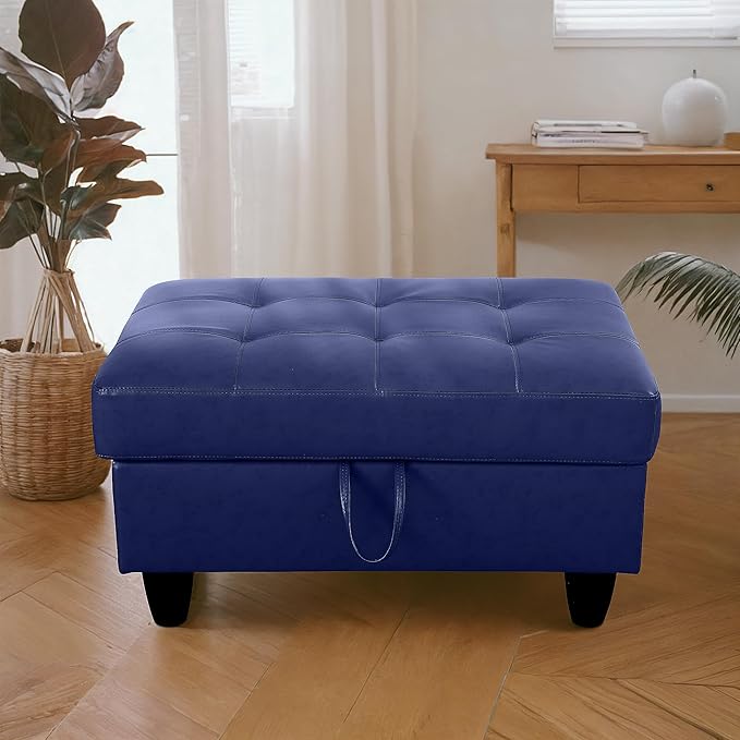 Ottoman Rectangular Storage Ottoman Bench, Faux Leather Footrest, Coffee Table, Stool Footstool with Hinged Lid for Living Room, Bedroom, Entryway, Blue, 35"x23.5"x17.5"
