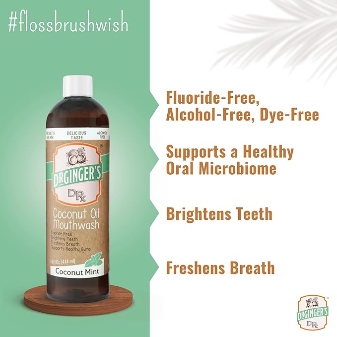 Dr. Ginger’s Coconut Oil Pulling Alcohol Free Mouthwash - Mint Flavor, 14 fl oz, 2pcs - Support Gum Health, Tongue, and Teeth Whitening for Adults, Fluoride Free, All-Natural, with Xylitol