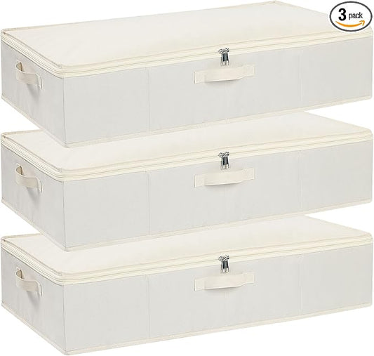 Under the Bed Storage Bins, Closet Organizers with Reinforced Handles for Blanket, Sheets, Pillows, Towels, Shoes, Beige, 3 Pack, 23.6 x 11.8 x 5.9 Inch