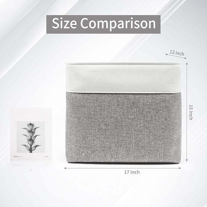 Large Fabric Storage Baskets | 50L Storage Bins, Decorative Linen Closet Baskets with Handles for Organizing, Shelf, Toys, Clothes, Home, Office, Nursery, 17x12x15Inches (Grey&White)