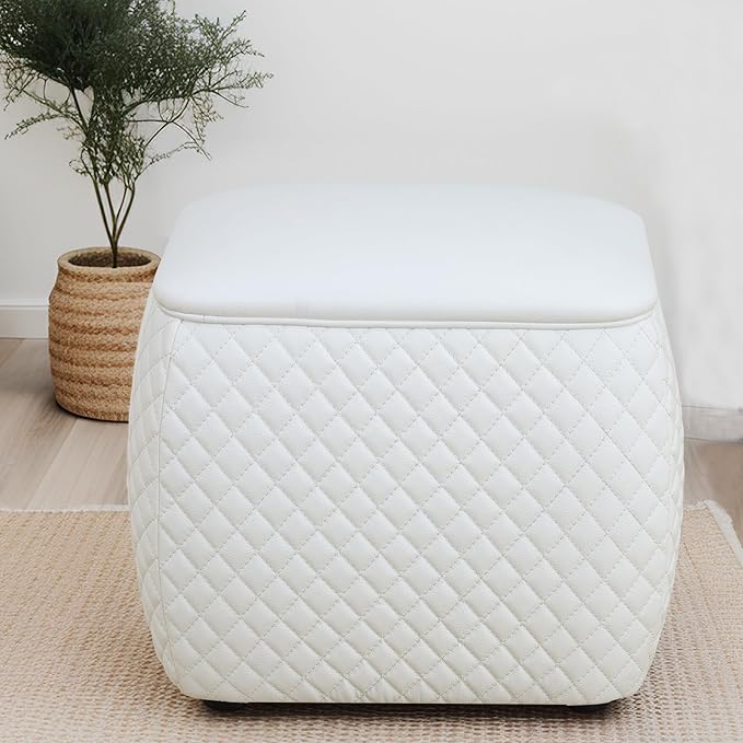 Ottoman Rectangular Storage Ottoman Bench, Faux Leather Footrest, Stool Footstool for Living Room, Bedroom, Entryway, White, 19.5"x15.5"x18"