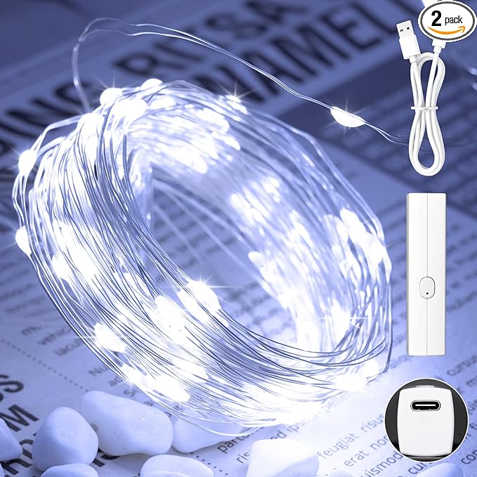 66FT(33 * 2) Rechargeable String Lights Battery Operated, Fairy Lights with Timer, Mini LED Twinkle Lights for Bedroom, Christmas Decorations, Wedding, Vine, Centerpiece Table Decor Cool White