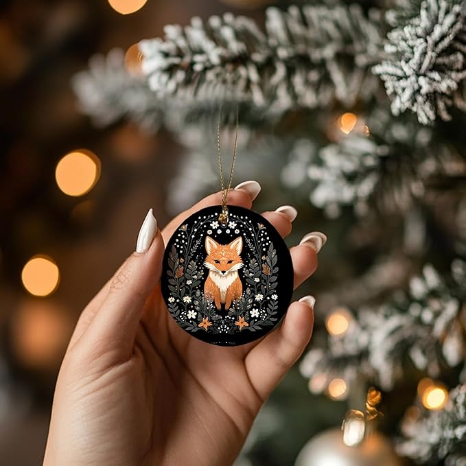 Fox Ornament, Fox Gifts for Women Girls Men,Gifts for Fox Lovers, Cottagecore Botanical Fox Ceramic Ornaments, Fox Decorative Hanging Ornament