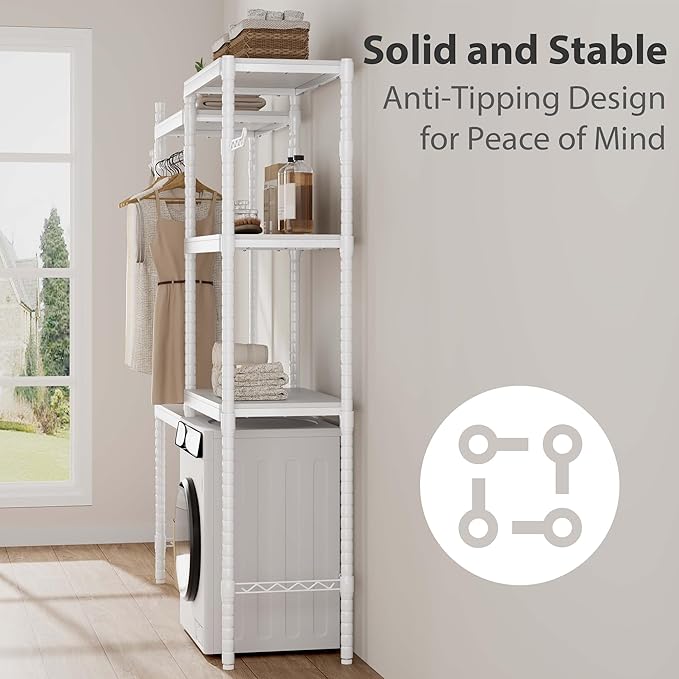 5-Tier Over-The-Washer Shelf - Adjustable 28" Laundry Organizer with 100lb Double Wood Shelves, Space-Saving Storage Unit for Small Homes (White)
