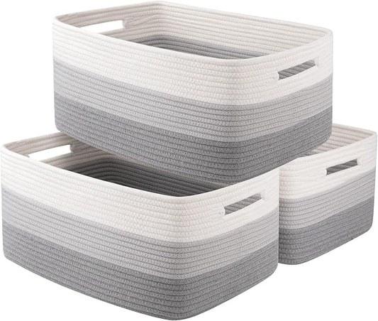 Large Storage Basket for Organizing, Woven Rope Basket for Shelves, Closet Organizer Bins for Clothes, Blanket, Toys, Baby Nursery Storage, 17.7" x 13" x 7.87", 3 Packs Gradient Grey