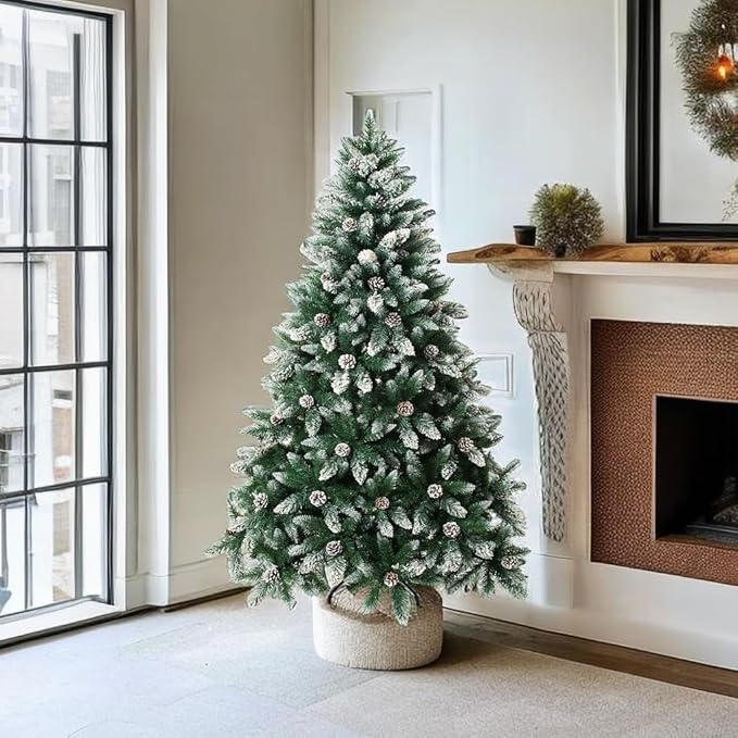 Artificial Christmas Tree 5/6/7/7.5 Foot Flocked Snow Trees with Pine Cone Decoration Unlit