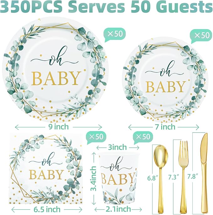 350 Pcs Sage Green Baby Shower Decorations, Baby Shower Plates and Cups and Napkins Sets Serves 50, Oh Baby Plates with Gold Dots for Boho Baby Girl Boy Neutral