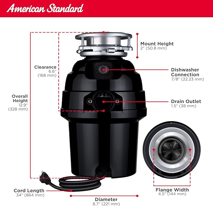 American Standard 10-US-AS-7 Garbage Disposal Anti-Jam Stainless Steel Food Waste Grinding System, Heavy Duty, 3/4 HP, Black