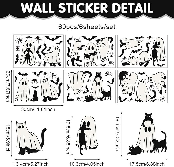 Halloween Ghost Window Clings for Glass 6 Sheets Cute Window Decals Spooky Window Stickers Cat Spider Reusable Windows Cling for Halloween Fall Party Home School Office Glass Supplies Decorations