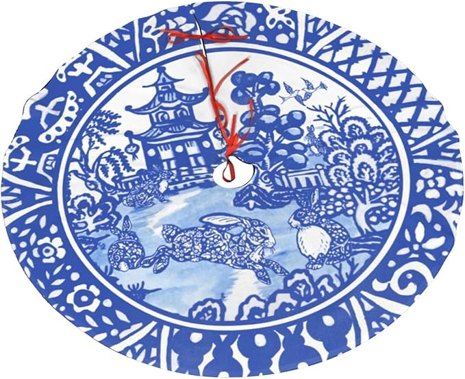 48" Large Christmas Tree Skirt Blue Oriental Rabbit Whimsical Pattern Tree Mat Base Cover for Xmas Festive Holiday Party Decoration Ornaments