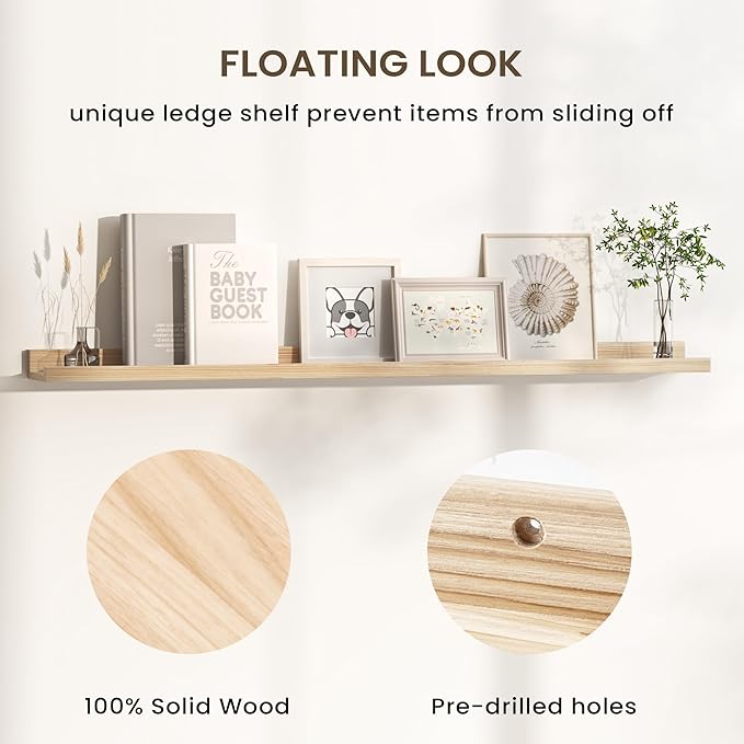 Floating Shelves for Wall, Picture Ledge Shelf 36 Inch Solid Wood Set of 2, Rustic Wall Shelves with Lip, Kids Bookshelf, Photo & Picture Live Edge Floating Shelves for Bedroom, Living Room, Kitchen