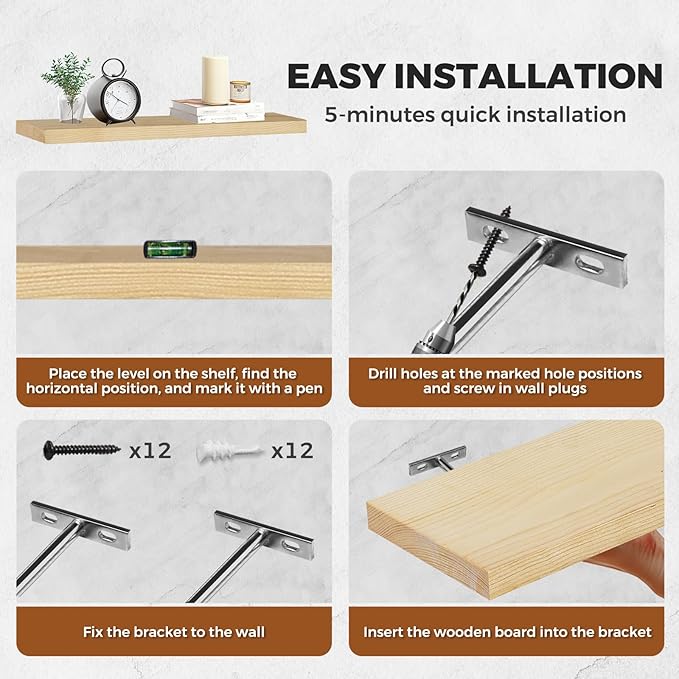 Floating Wall Shelves 3-Pack - 24-Inch Rustic Wooden Shelves for Storage and Décor, Easy Installation for Living Room, Bedroom, and Kitchen