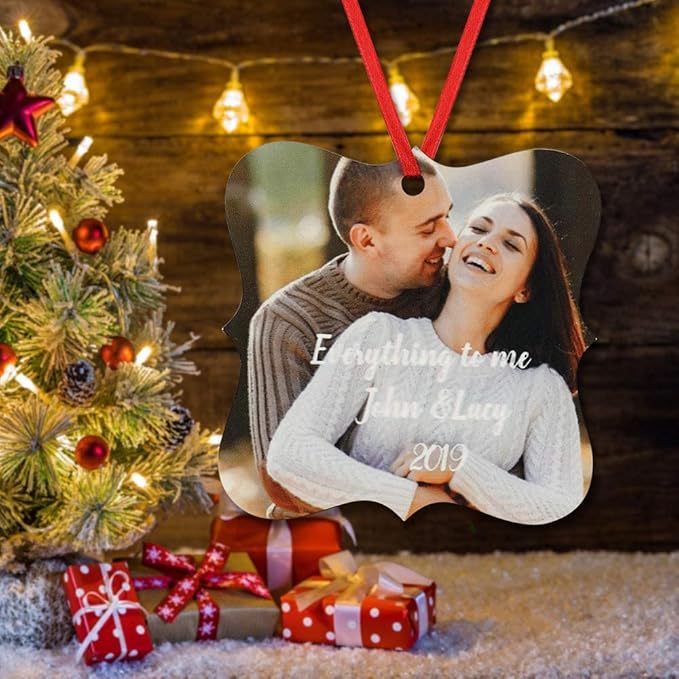 Gemszoo Personalized Picture Christmas Ornament, Custom Double Sided Photo Text Wooden Hanging Xmas Tree Keepsake Pendant Decoration Gift for Family (1, Flower Square)