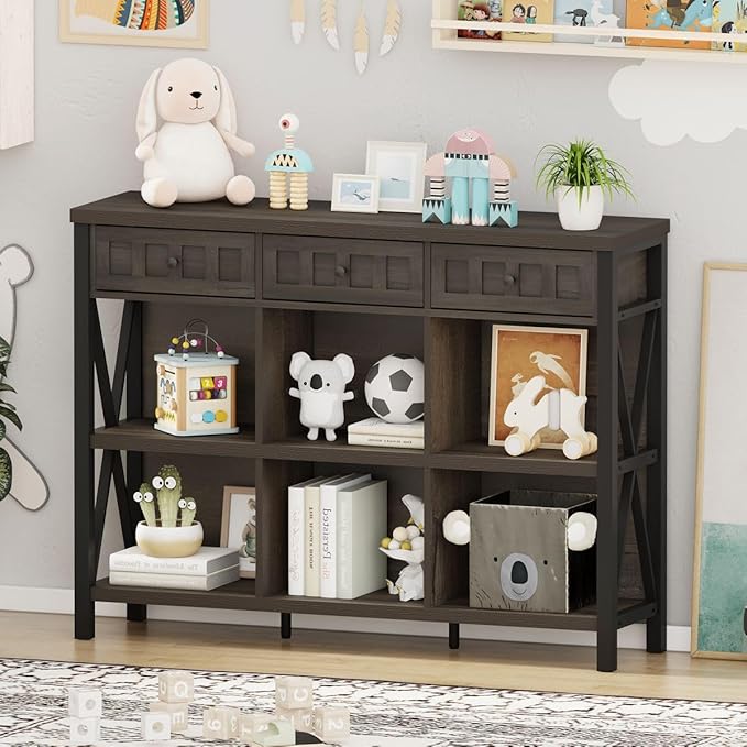 FATORRI Rustic 6 Cube Storage Organizer Bookshelf with 3 Drawers, Short Low Horizontal Bookshelf for Living Room, Industrial Wood and Metal Cubby Bookcase for Home Office (Walnut Brown, 47 Inch)