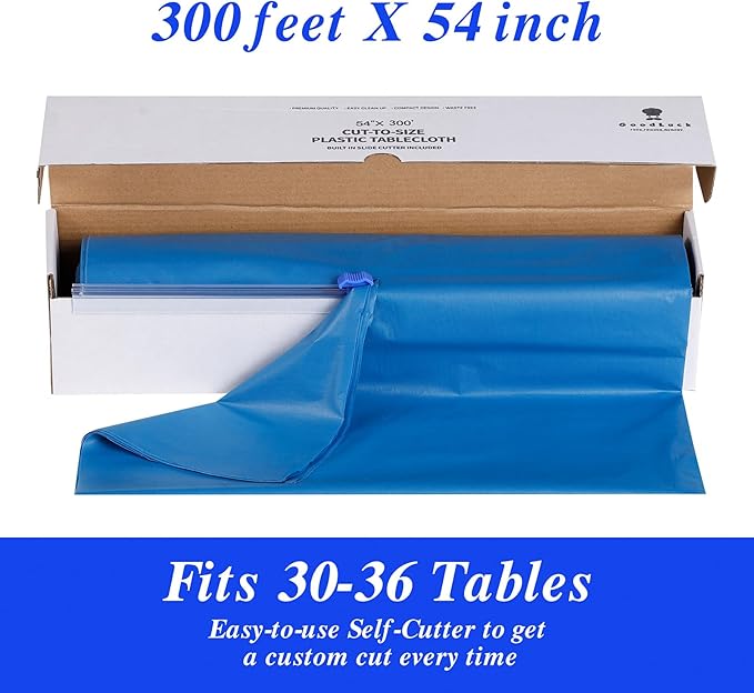 Goodluck 54 Inch X 300 Feet Plastic Table Cloths with Cutter Box, Blue Disposable Table Cover Roll, Plastic Tablecloth for Party, Banquet, Wedding, Birthday, Anniversary