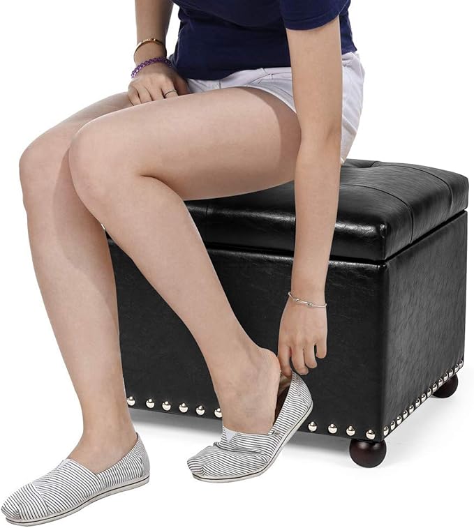 Joveco Leather Storage Ottoman, 24" Rectangle Tufted Foot Rest Stool, for Living Room Bedroom, Midnight Black