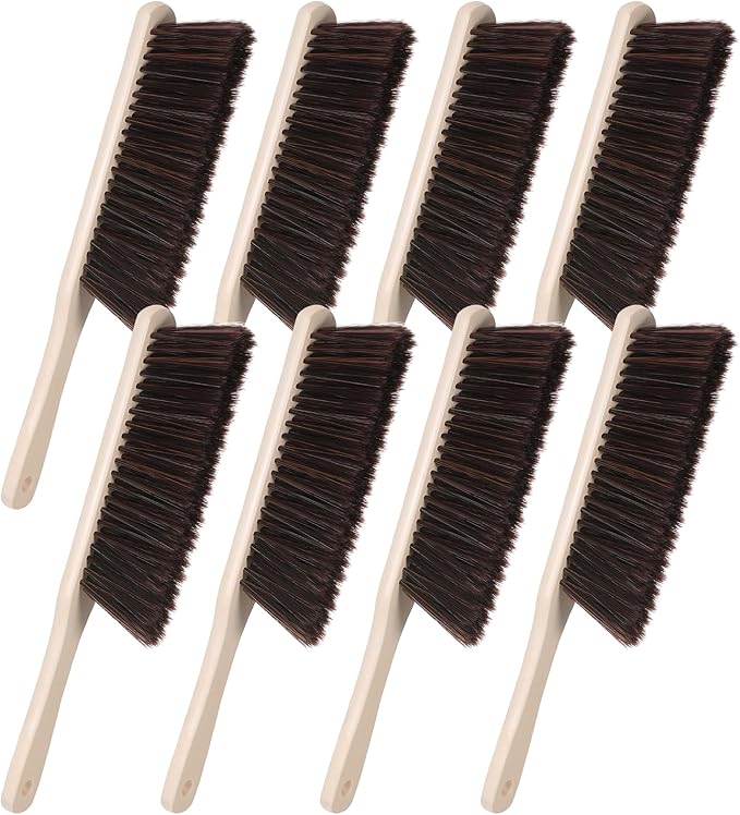 8 Pieces Woooden Dust Brush Hand Broom Bulk Bench Brush with Long Wood Handle Soft Bristle Whisk Broom for Counter Bed Sofa Bench Car Fireplace Clothes Household Cleaning