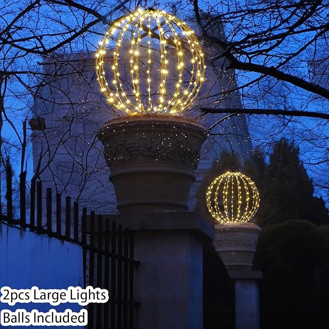 Outdoor Hanging Lighted Sphere, Christmas Decoration Light Balls, 2 in 1 Warm White and Multicolor Chandelier, 208 LED 16" Large Iron Frame Foldable Globe for Patio Tree Gazebo Decor-2Pack