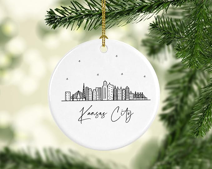 Andaz Press Round Ceramic Porcelain Christmas Tree Ornament, Kansas City Black and White Stars Skyline Graphic, 1-Pack, Birthday Family Coworker Gift, Includes Box