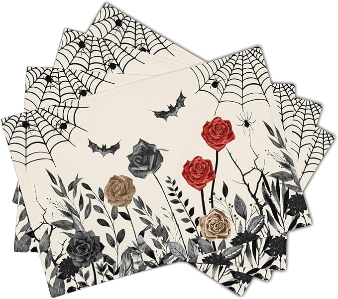 Halloween Placemats Set of 4 12x18 Inch Vintage Black Floral Bat Spider Web Washable Non-Slip Heat Resistant Place Mats Rustic Table Mats for Party Kitchen Dining Room Decor