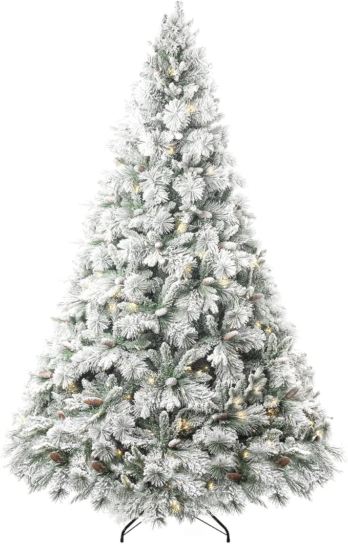 Glasgow 6.5ft Frosted Prelit Artificial Christmas Tree with Pine Cones, Foot Pedal, 1040 Branch Tips, 650 Warm Lights & Metal Stand, 56" Wide Realistic Snow Flocked Pine Christmas Tree with Lights