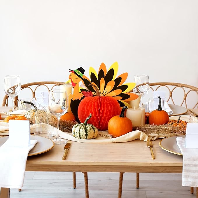 6 Pcs Fall Centerpiece Table Decorations Turkey Centerpiece Thanksgiving Table Decor 3D Paper Turkey Honeycomb Standing Decorations for Autumn Harvest Party Kitchen Tabletop Home Decor